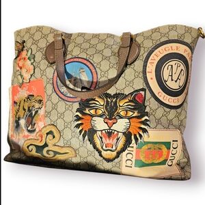 Gucci Beige and Brown Tote Bag with Graphic Patches